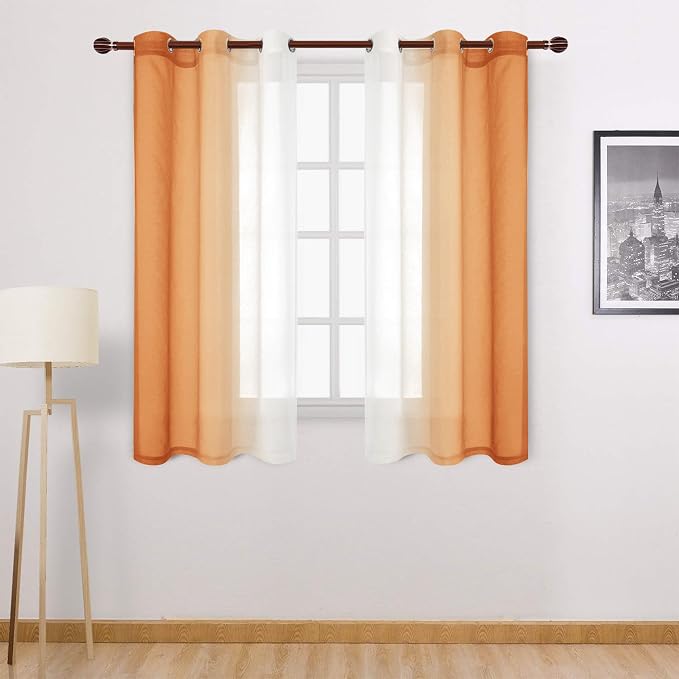DWCN Ombre Short Sheer Curtains - Faux Linen Semi Voile Gradient Light-Filtering Bedroom and Living Room Curtains, Set of 2 Grommet Top Window Drape Panels, 42 x 45 Inch Length, Sunset Orange