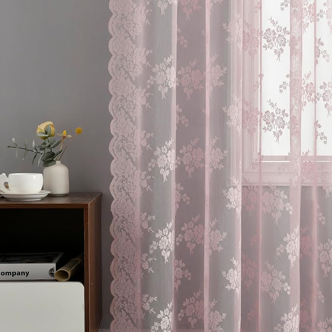 Kotile Pink Lace Curtains 45 Inch Length, 2 Panels, W42 x L45 Inch Each, Country Rustic Floral Short Sheer Lace Curtains for Small Windows, Rod Pocket Privacy Light Filtering Vintage Cafe Curtain