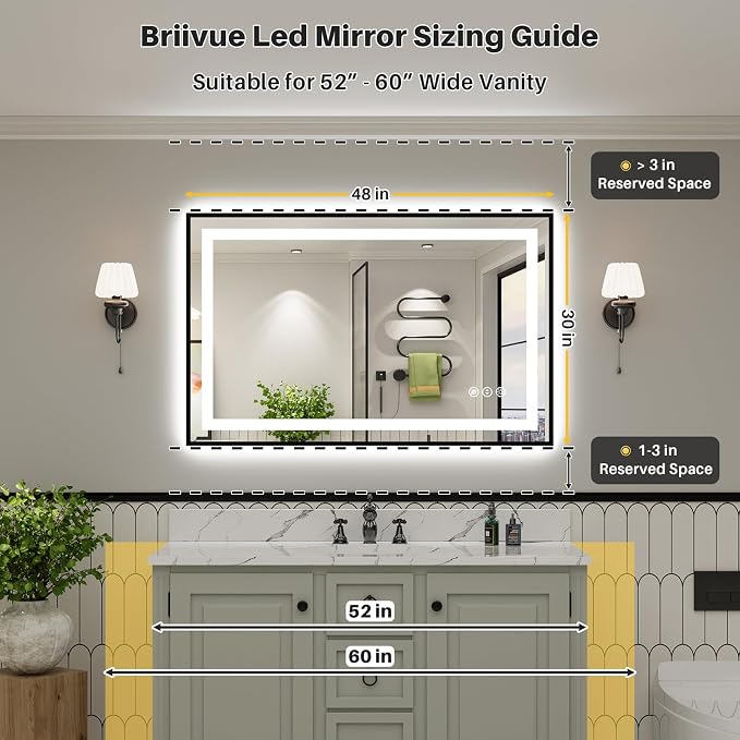 48x30 Inch LED Bathroom Mirror with Black Frame, Backlit & Front Lit, Anti-Fog Lighted Bathroom Vanity Mirror for Wall, Memory Function, Dimmable, HD Tempered Glass, Shatter-Proof