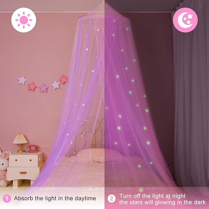 FIOBEE Bed Canopy for Girls Room Bed Canopy Curtains with Led Lights Mosquito Net DIY Princess Room Décor with Stars Butterflies for Kids Bedroom, Rainbow