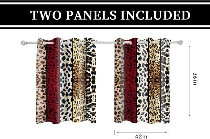 Wild Animal Print Curtain, Room Darkening Thermal Insulated Blackout Leopard Boa Window Drapes with Grommets for Living, Dining, Bedroom, Red Leopard Print, 42"x 36", 2 Panels
