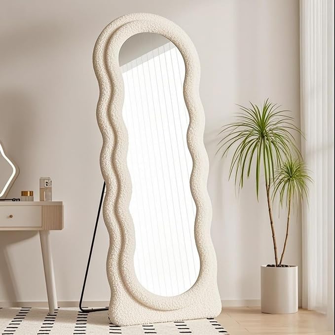 Dewfig Full Length Mirror, 63" x 24"Irregular Wavy Mirror, Large Floor Length Mirrors Wall Mounted, Standing Wavy Mirrors with Teddy Velvet Wrapped Wooden Frame for Bedroom/Living Room, White