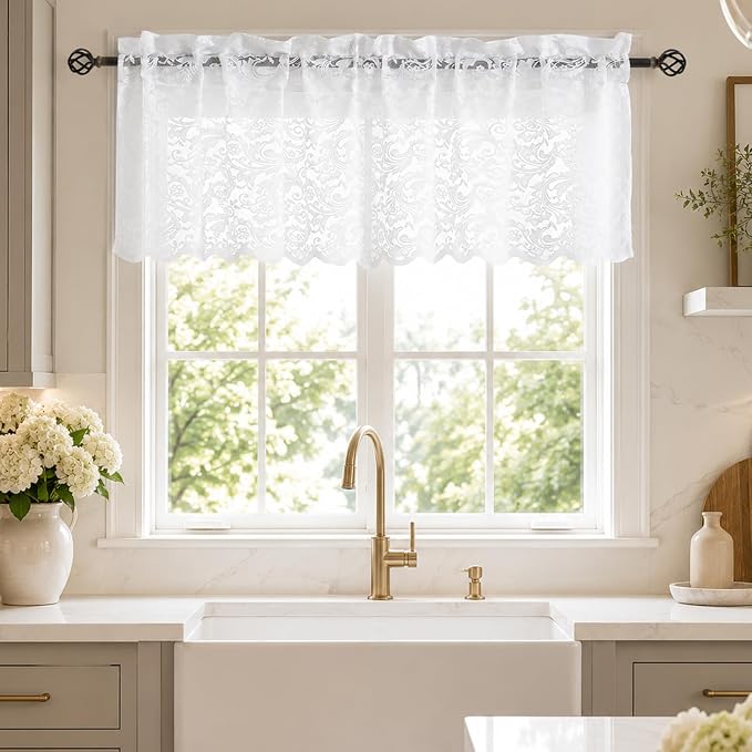ALIGOGO Lace Kitchen Valances for Windows 18 Inch Length Vintage Floral Sheer Kitchen Curtains Small Window Valance for Living Room Bedroom Bathroom RV Camper Cabinet Boho Decor Single White