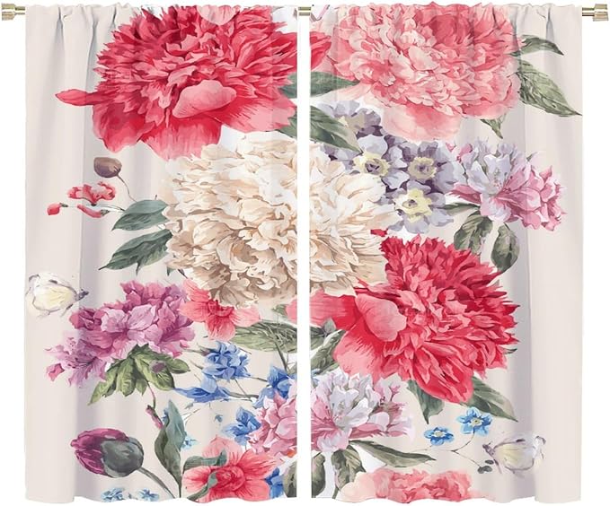 Floral Blackout Window Curtain Vintage Bouquet of Peony Wild Flowers Nature Botanical Leaf for Home Kitchen Livingroom Coffee Room Curtains Drapes 2 Panels 72x63in