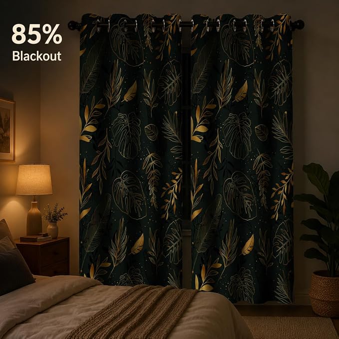 Tropical Leaves Blackout Curtains for Bedroom, Gold Leaf Dark Green Botanical Drapes Modern Window Curtains Darkening Thermal Insulated Grommet for Living Room Bedroom Decor 2 Panels 52x84 Inches