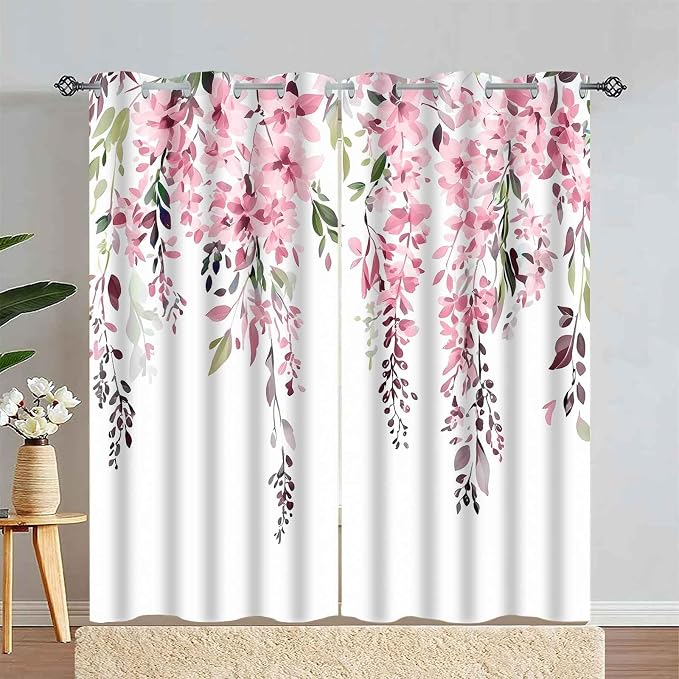 Pink Watercolor Floral Curtains, 42x84 inch, 2 Panels | Botanical Leaves Vine Flowers, Rustic Farmhouse, Blackout Window Treatment, For Bedroom Living Room
