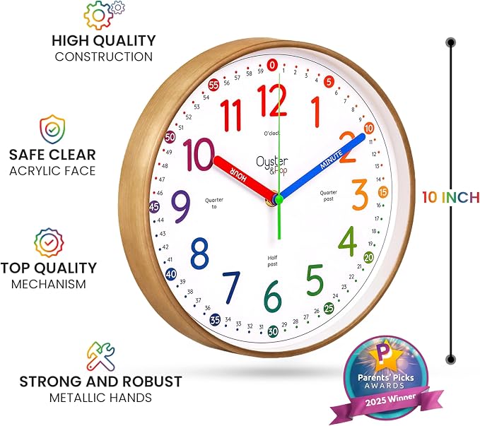 Oyster&Pop Kids Clock - Silent 10" Analog Clock, Learning Wall Clocks - Award-Winning Telling Time Teaching Clock for Kids - Bedrooms Homeschool & Classrooms - Includes eBook