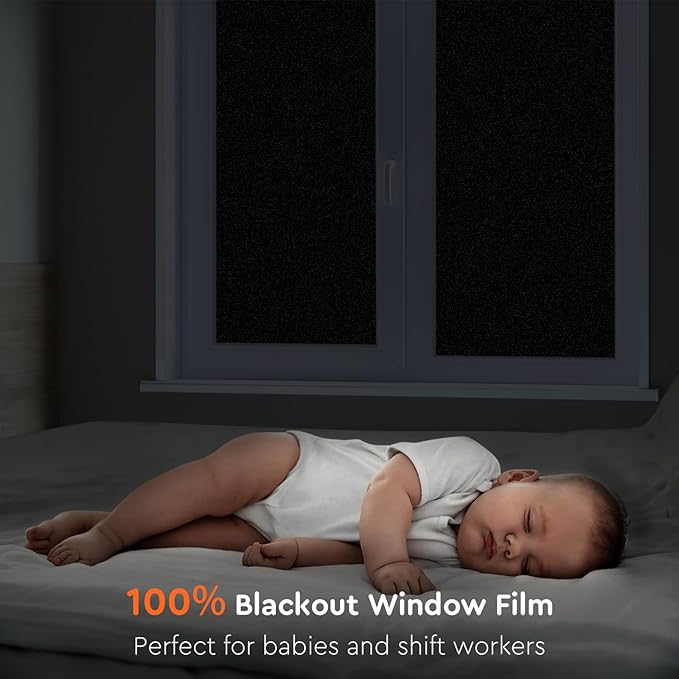 Kromapolis Blackout Window Privacy Film Total Light Blocking Room Darkening Window Covering, Removable Static Cling Frosted Glass Tint, Non-Adhesive, Black 35.4'' x 157.4''
