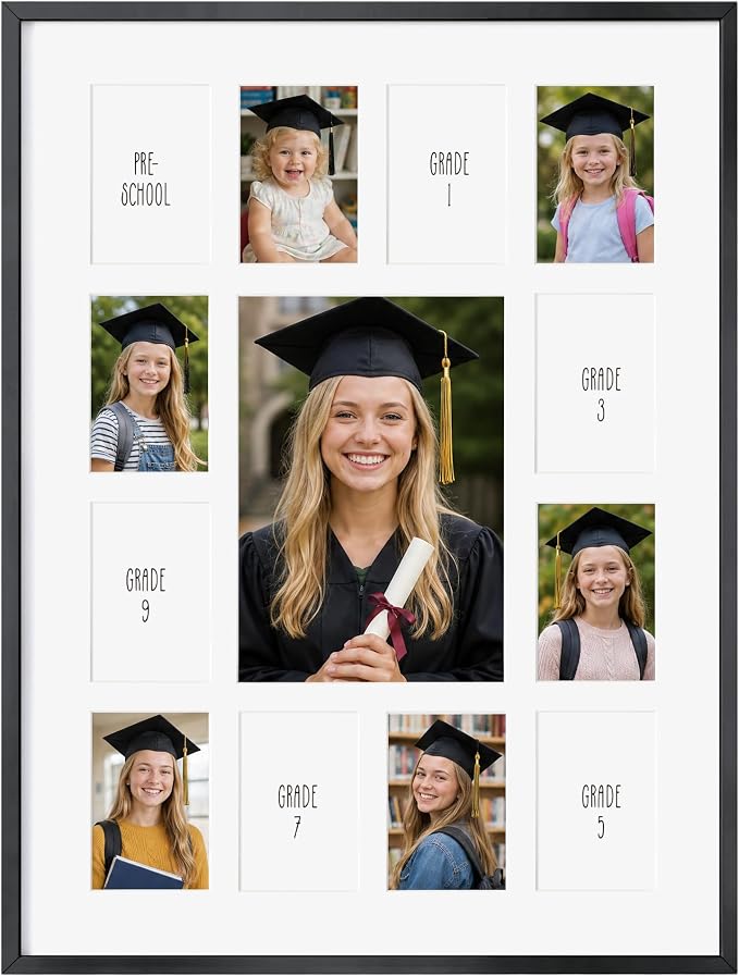 12x16 School Picture Frame K-12, Collage Frame for School Years, Black | Sleek Black K-12 Frame with 13 Openings: One 5x7 & Twelve 2.5x3.5 for Pre-K to 12th Grade | Wall Kit Included