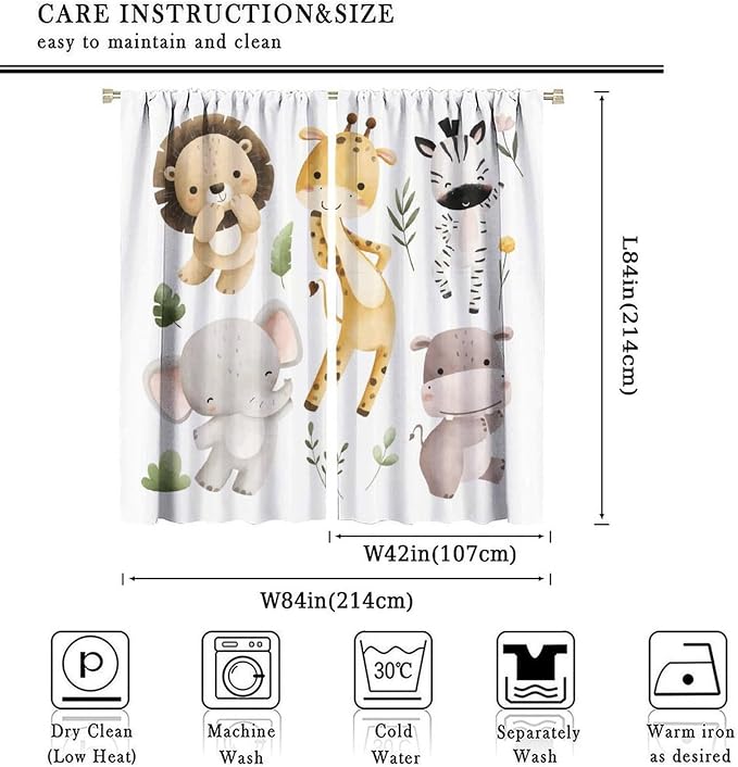 Nursery Curtains Jungle Safari Theme with Giraffe Print, Kids Room Classroom Decor, 84x84 Inches, 75% Blackout Fabric for Baby Nursery, Animal Cub Design, Easy Install & Machine Washable
