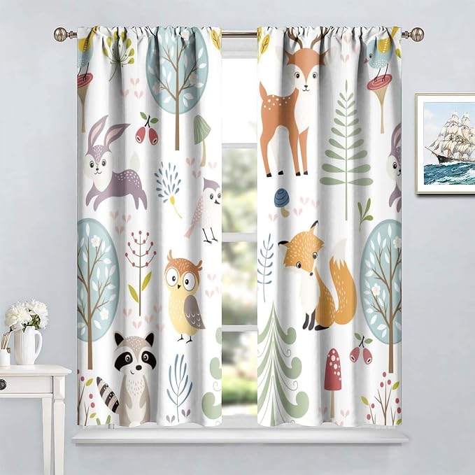 Nursery Safari Animals Curtains, Baby Boy Girl Kids Woodland Jungle Forest Lion Elephant Printed Curtains for Living Room Bedroom Window Drapes 2 Panel Sets55x63 Inch