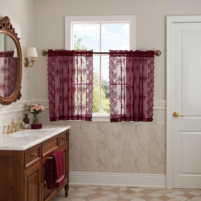 Kotile Burgundy Curtains 45 Inch Length for Kitchen Windows Over Sink 2 Panels Short Lace Curtains Cottage-Core Floral Rod Pocket Light Filtering Privacy Maroon Sheer Window Curtain, W52 x L45 Inch