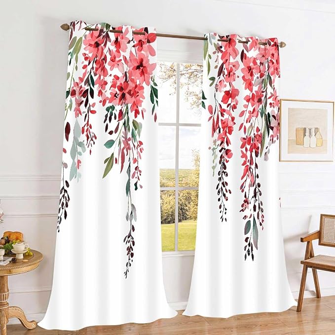 Red Watercolor Floral Curtains, Botanical Leaves Vine Flowers Curtain, Rustic Farmhouse Flower Leaf Blackout Window Treatment Drapes for Bedroom Living Room 42x96 inch, 2 Panels