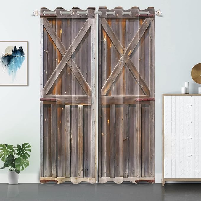 Rustic Wooden Curtains Vintage Wood Barn Door Window Curtains Old Garage Door American Native Country Farmhouse Rural Farm Style Living Room Window Drapes Treatment,42x108 inch,2 Panels
