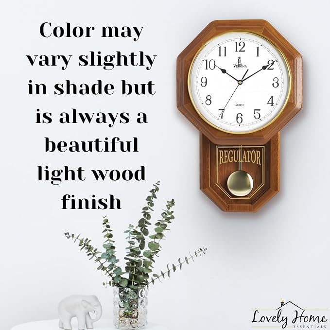 Pendulum Wall Clock Battery Operated - 18x11 Real Wood Regulator Clock - Schoolhouse Design with Pendulum - Quiet, Non-Chiming - Wooden Wall Decor for Living Room Decor, Home, Office and Gift