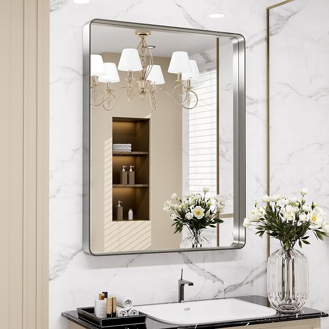 LOAAO 24X32 Inch Brushed Nickel Bathroom Mirror, Rounded Rectangle Silver Metal Frame Mirror, Brushed Nickel, Anti-Rust, Shatter Proof, Hangs Horizontally or Vertically
