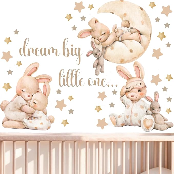 Nursery Wall Stickers, Baby Girl Room Decor, Bunny Wall Decal, Boho Toddler Decor, Beige Peel and Stick Animal Decals for Nursery or Girls Bedroom.