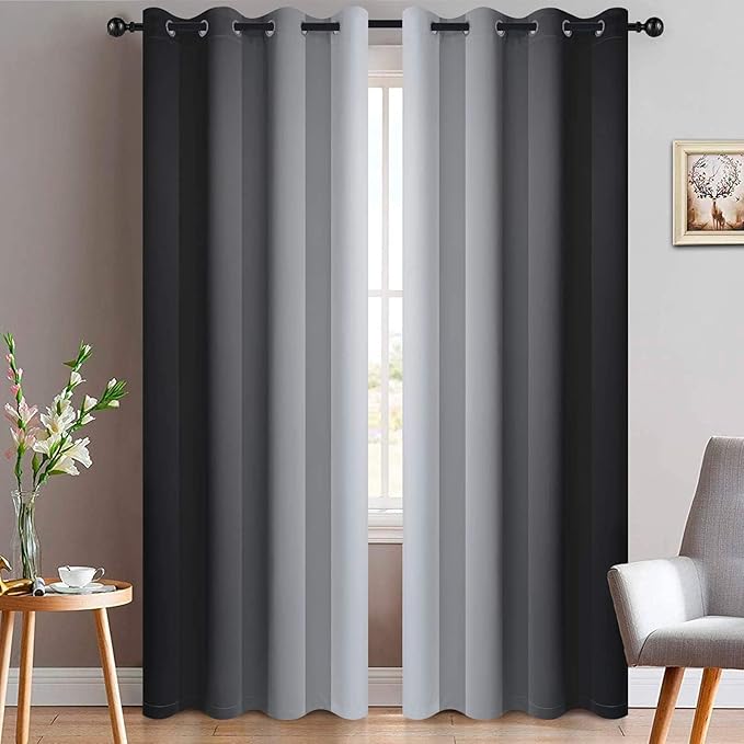Yakamok Ombre Curtains Black and Greyish White for Living Room,52Wx90L | Room Darkening Curtains 90,Thermal Insulated Gradient Color Drape,Light Blocking Grommet Window Curtains for Bedroom,2 Panels