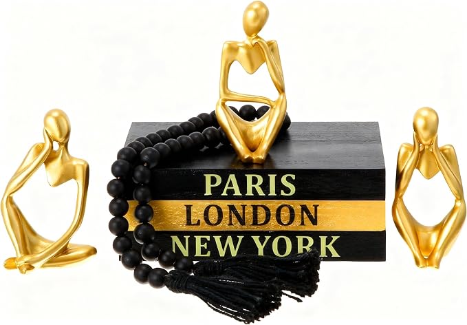 Beeveer 3 Pcs Decorative Books for Home Decor, Faux Books for Decoration, Resin Thinker Statue Abstract Art Sculptures, Rustic Farmhouse Beads Centerpiece for Room Office Shelf Desktop (Black Gold)