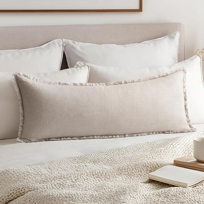 MIULEE Decorative Throw Pillow Covers Neutral Linen Fringe Throw Pillows Set of 1 Natural Beige Boho Farmhouse Cushion Covers for Couch Sofa Bed Living Room Spring Home Decor 14x36 Inch