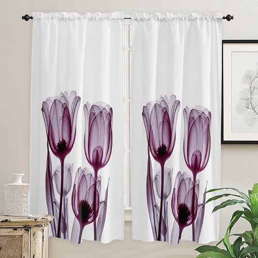Kitchen Tier Curtains 72 inches Long, Abstract Transparent Purplish Red Flower Tulip Window Curtains for Living Room Bathroom,Rod Pocket Light Filter Drapes Short Half Window Treatment Tiers 2 Panels