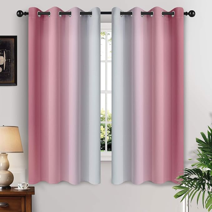 Yakamok Ombre Curtains Pink and Greyish White for Living Room,52Wx63L | Room Darkening Curtains 63,Thermal Insulated Gradient Color Drape,Light Blocking Grommet Window Curtains for Bedroom,2 Panels
