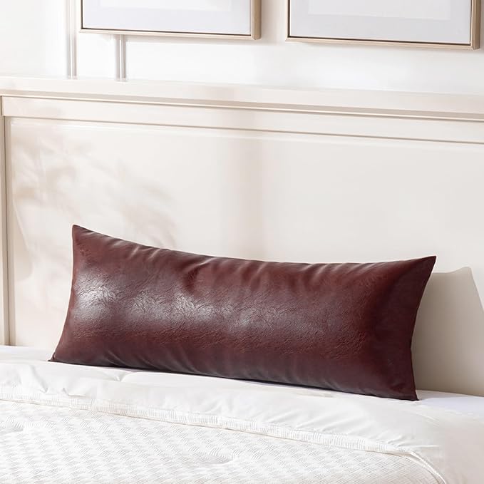 Fancy Homi Burgundy Boho Lumbar Faux Leather Long Body Decorative Throw Pillow Cover 12x40 Inch for Bed Couch Sofa Bench, Thick Stylish Solid Wine Red Pillowcase, Rustic Modern Farmhouse Room Decor