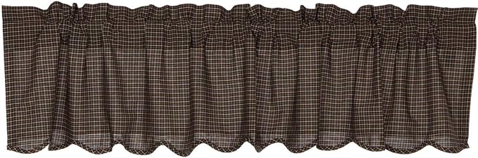 VHC Brands Kettle Grove Window Curtain, Plaid Valance Scalloped, Black, 16x72