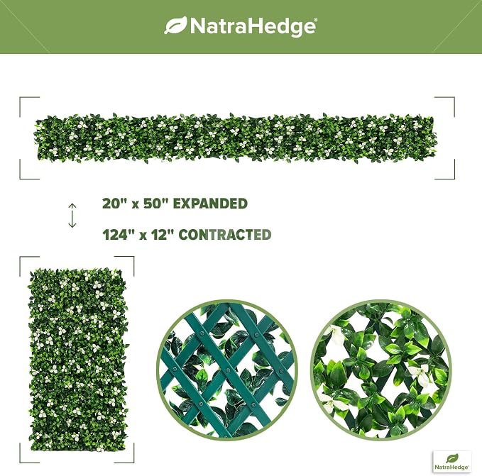 NatraHedge Artificial Privacy Grass Wall Decor, White Gardenia, Faux | Trellis, Expandable Lattice Panels for Indoor, Outdoor, Garden and Balcony Greenery Wall Fence Screen | UV Resistant