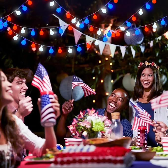 JMEXSUSS 33ft 100 LED Red White and Blue Lights Battery Operated | 4th of July Lights Outdoor Waterproof, String Light for Independence Day Memorial Patriotic Day Decor