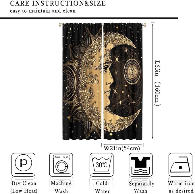 Sun Moon Blackout Windows Curtains, Retro Bohemian Antique Hippie Gold Sun Crescent and Star Curtains, for Living Room Bedroom 42x63in 2 Panels