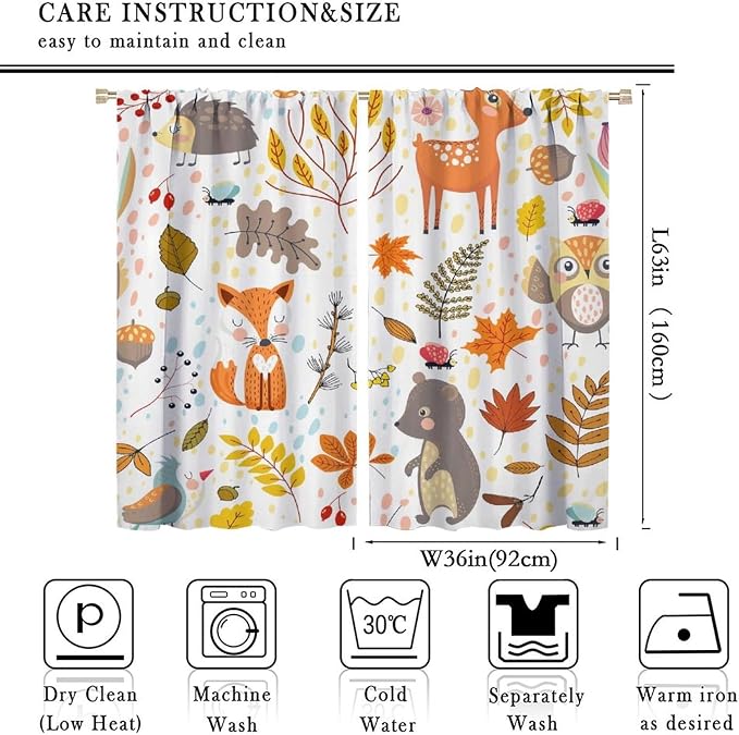 Kids Boys Girls Curtains, Jungle Animal Autumn Forest Cartoon Deer Rabbit Fox Owl Print Pattern Window Drapes for Nursery Baby Bedroom Playroom Living Room 2 Panel Sets,72x63 Inch