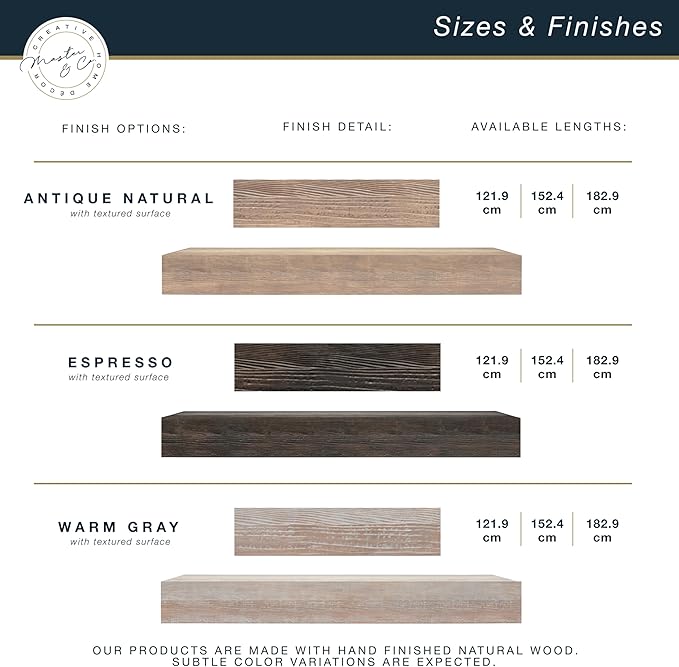 MCS 72-Inch Mantel, Master & Co Antique Natural Finsh Solid Wood Floating Fireplace Mantel, Long Floating Shelf for Livingroom with Wood Cleat Hanging System, Photo and Home Decor Display Shelf