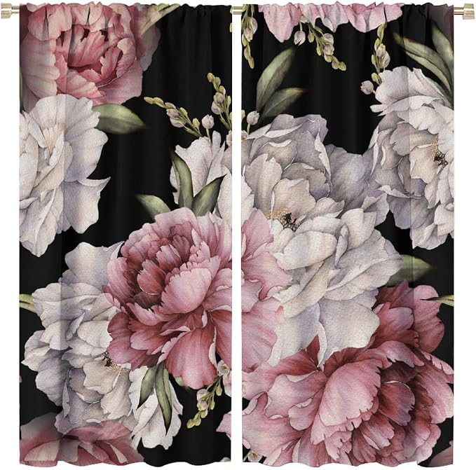 Black Boho Floral Curtain Vintage Watercolor Rose Peony Retro Pink Blossom Flowers Rustic Spring Lea for Home Kitchen Restaurant Decoration Drapes 2 Panels 52x96in