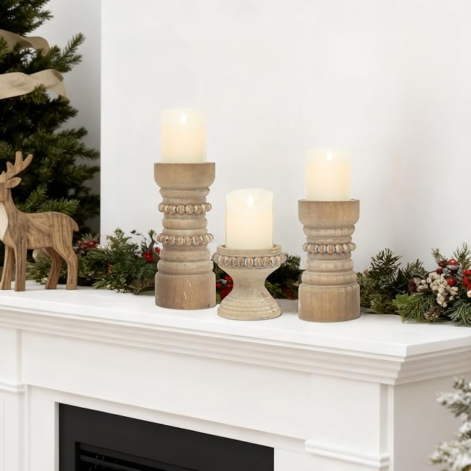 Rustic Natural Wood Candle Holders Set of 3, Farmhouse Beaded Wood Pillar Candle Holder, Candle Holders for Pillar Candles & Candlesticks, Candle Sticks Holder Decor for Table Centerpiece