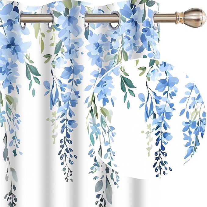 Blue Watercolor Floral Curtains, 42x63 inch, 2 Panels | Botanical Leaves Vine Flowers, Rustic Farmhouse Style, Blackout Window Treatment, For Bedroom Living Room