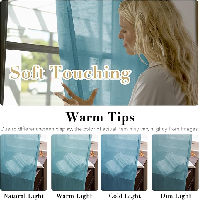 Window Treatments Linen Curtain Panels Open Weave - Natural Linen Blended Sheer Curtains with Nickel Grommet for Living Room, Privacy Assured (Turquoise, 52"W x 63"L, Set of 2)