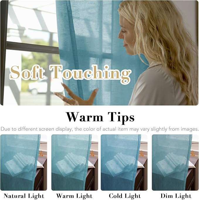 Elegant Natural Linen Curtain Panels Energy Efficient Semi - Sheers Linen Curtains/Nickel Grommet Window Treatments Panels for Patio Glass Door/Balcony (Set of 2, Turquoise, 52"W x 96"L)