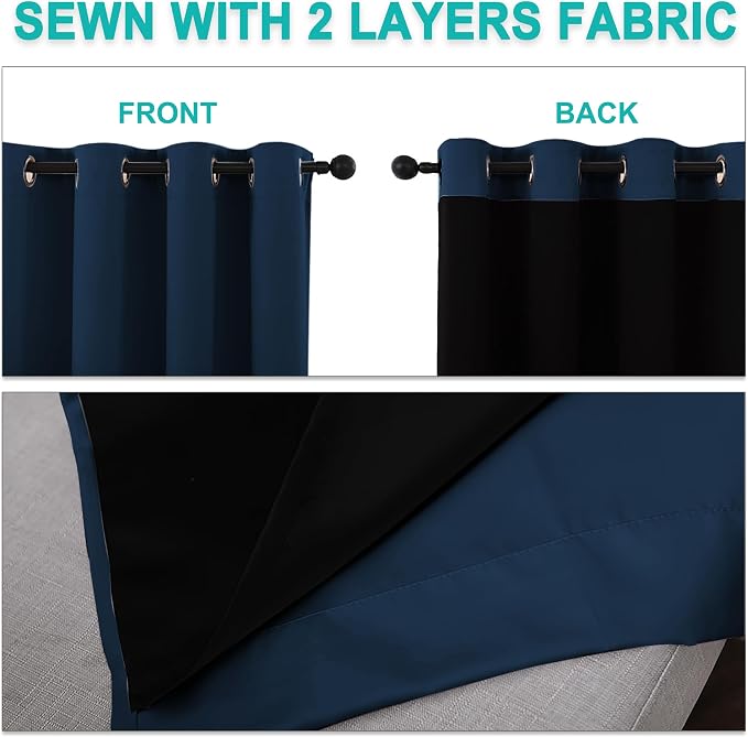 NICETOWN 100% Blackout Curtains with Black Liners, Thermal Insulated Full Blackout 2-Layer Lined Drapes, Noise Cancellation Window Draperies for Dining Room (Moroccan Blue, 2 Panels, 55" W by 57" L)
