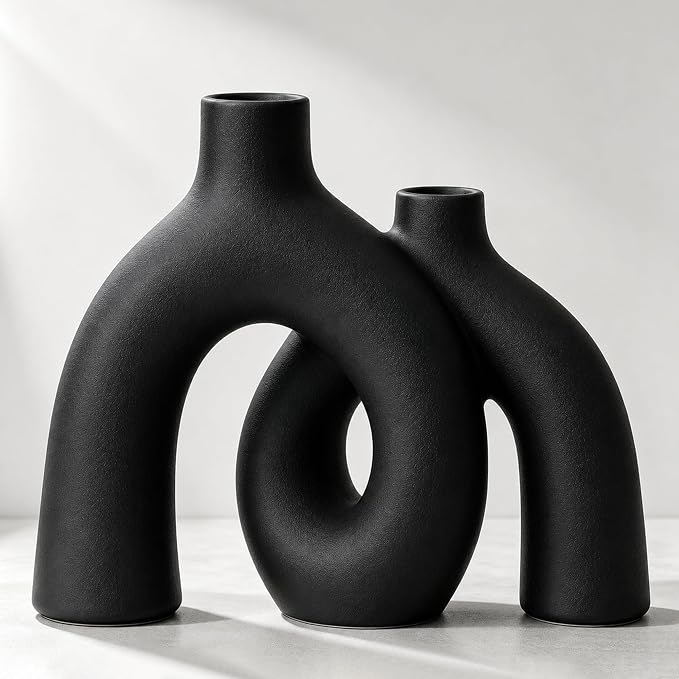 Matte Black Vase Set - Hug Hollow Donut Aesthetic Ceramic Vases Home Decor, Modern Nordic Minimalist Decorative Vase for Table Centerpiece Bookshelf Office Entryway Console Fireplace (Black)
