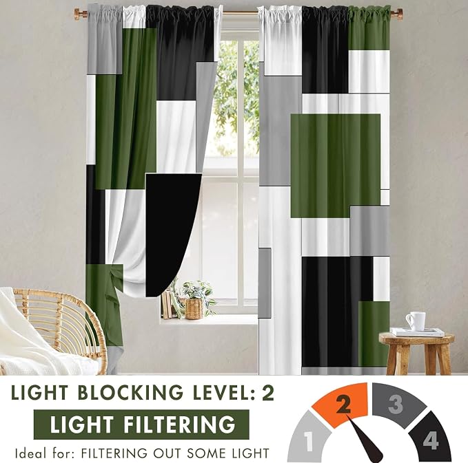 Green and Black Curtains for Living Room 84 Length Curtains Modern Geometry White Green Abstract Rod Pocket Curtain for Bedroom Kitchen Room Window Drapes 2 Panels
