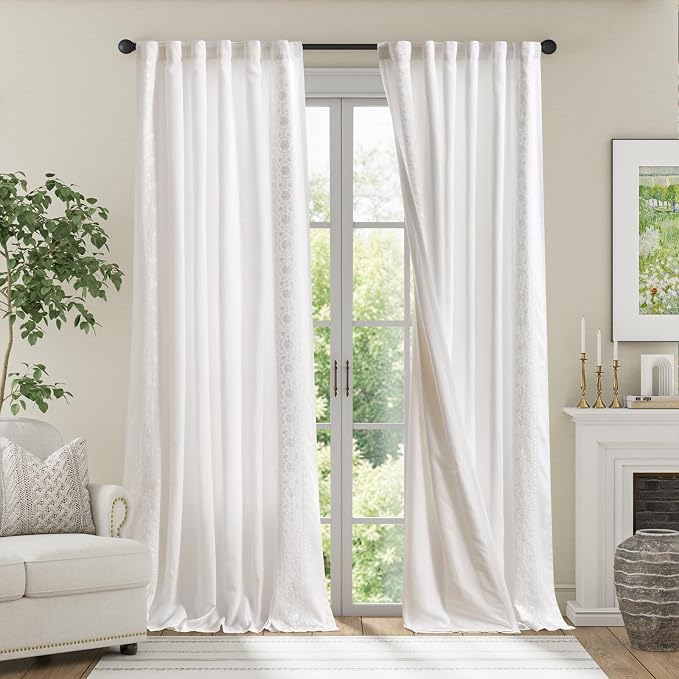 jinchan Weslie White Curtains for Bedroom Boho Vintage Floral Farmhouse Curtains 96 Inches Long Lined Linen Drapes for Living Room Embroidered Drapes Off White 2 Panels