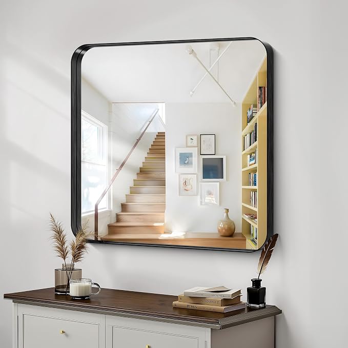 CIRCUMI Black Bathroom Mirror, 36"x36" Rectangular Mirror with Deep Metal Frame, Rounded Corner, Tempered Glass, Mirror for Wall, Oversink, Bedroom, Installed Vertically/Horizontally, Crystal-Clear