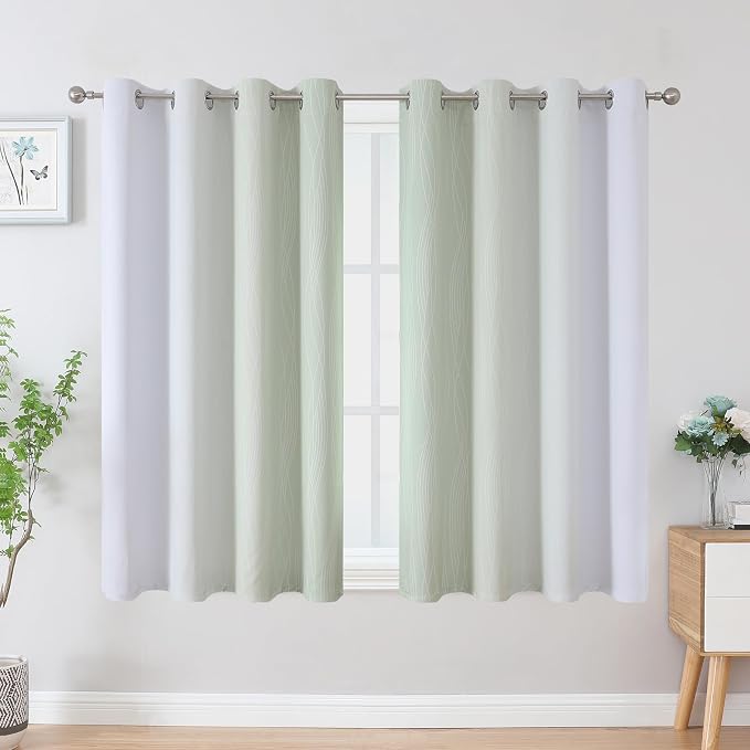 Estelar Textiler Sage and Greyish White Blackout Curtains 45 Inch Length, Light Blocking Gradient Drapes for Bedroom, Thermal Insulated Grommet Ombre Curtains for Bathroom,52Wx45L,2 Panels