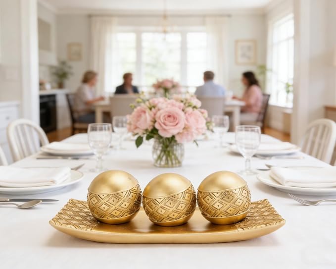 Gold Decorative Orbs with Tray Set, 3Pcs Resin Decorative Balls with Tray, Modern Accent Sphere for Coffee Table, Dining Table, Living Room, Entryway