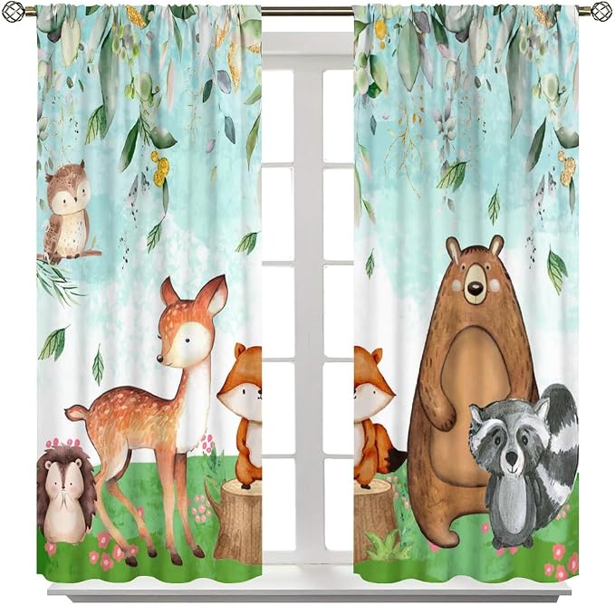 YCness Kid Forest Woodland Animal Fox Elk Bear Watercolor Print Curtains for Nursery Bedroom Living Room, Rustic Safari Wild Animal Blackout Window Drapes 2 Panel Set, 63x63 Inch