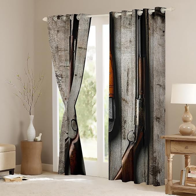 Erosebridal Guns Window Curtains,Military Theme Curtains for Kids Boys Teens Man,Retro Shotgun Darkening Drapes Vintage Board Window Treatments 2 Panel Bedroom Decor,42" Wx63 L
