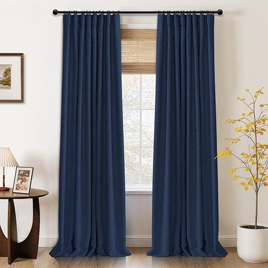 100% Blackout Shield Full Blackout Curtains for Bedroom 90 inch Length 2 Panels Set, Clip Rings/Rod Pocket Faux Linen Black Out Curtains for Living Room, Thermal Insulated, 50Wx90L, Midnight Blue