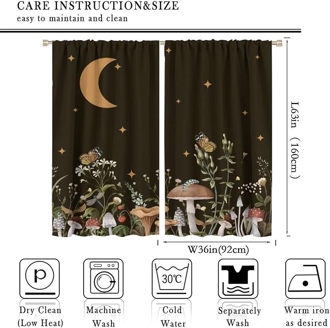 Wild Mushroom Blackout Curtains,Retro Floral Plants Boho Moon Star Window Drapes,Butterfly Botanical for Living Room Kitchen Bedroom,Black Background 72x63in