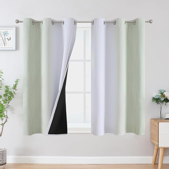 Estelar Textiler Sage Green and Greyish White Ombre Blackout Curtains 45 Inch Length 2 Panels, Full Room Darkening Drapes for Bedroom, Thermal Insulated Grommet Short Curtains for Bathroom,42Wx45L
